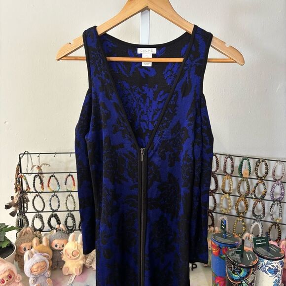 Y2K CACHE small Blue and Black cold shoulder front zip Dress - Picture 2 of 6